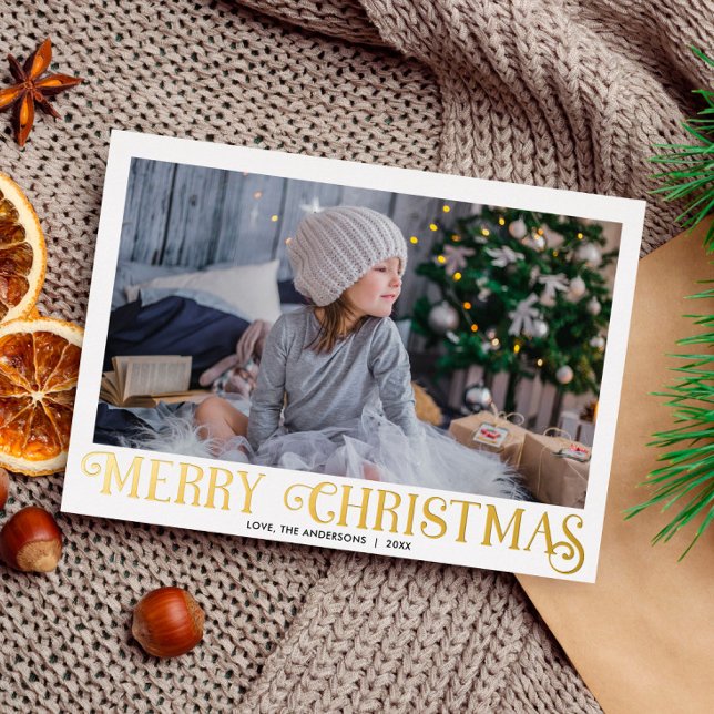 Merry Christmas Modern Calligraphy one photo Foil  Foil Holiday Card (Creator Uploaded)