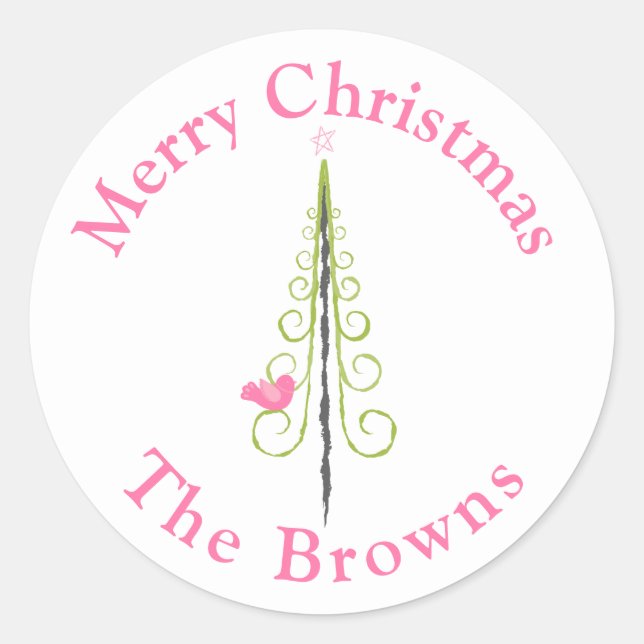 Merry Christmas - Modern Christmas Trees Pink Teal Classic Round Sticker (Front)