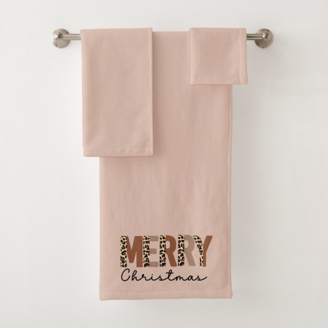 "Merry Christmas" Modern Colour Block Leopard Boho Bath Towel Set (Insitu)
