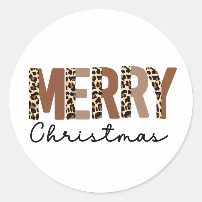 "Merry Christmas" Modern Colour Block Leopard Boho Classic Round Sticker (Front)