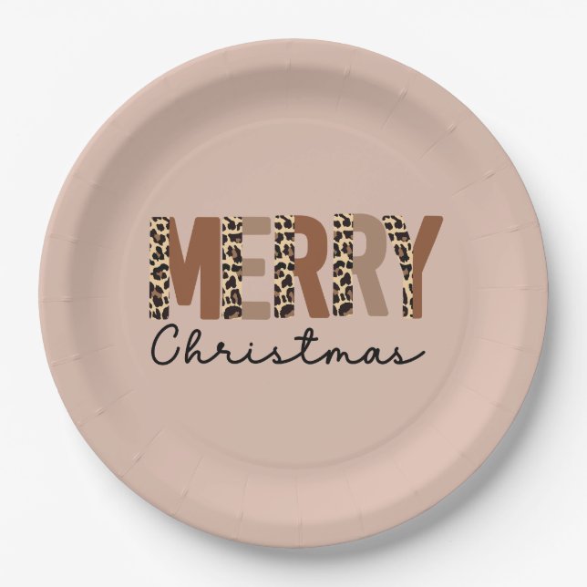 "Merry Christmas" Modern Colour Block Leopard Boho Paper Plate (Front)