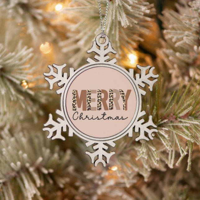 "Merry Christmas" Modern Colour Block Leopard Boho Snowflake Pewter Christmas Ornament (Tree)