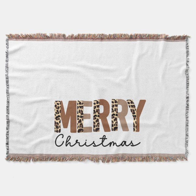 "Merry Christmas" Modern Colour Block Leopard Boho Throw Blanket (Front)