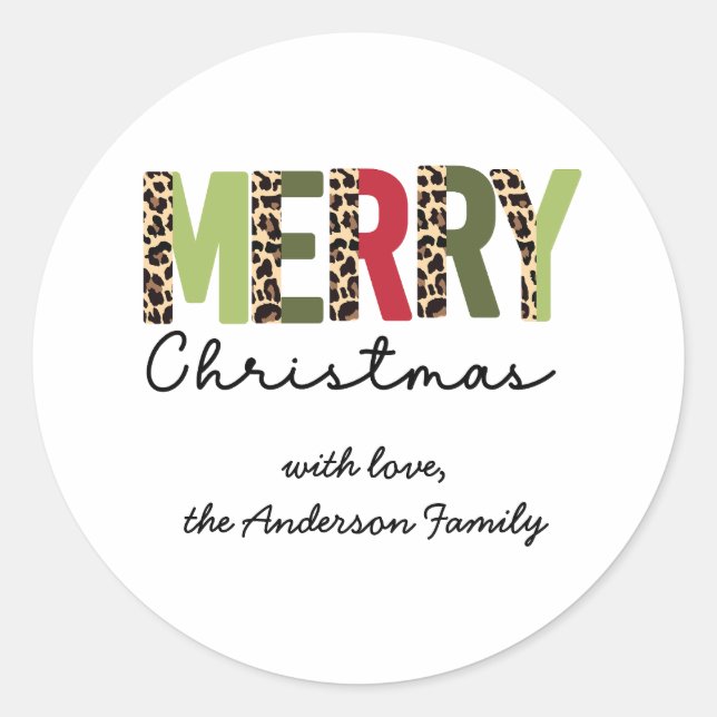 "Merry Christmas" Modern Colour Blocked Leopard  Classic Round Sticker (Front)