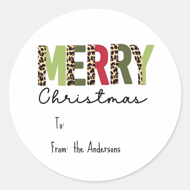 "Merry Christmas" Modern Colour Blocked Leopard  Classic Round Sticker (Front)