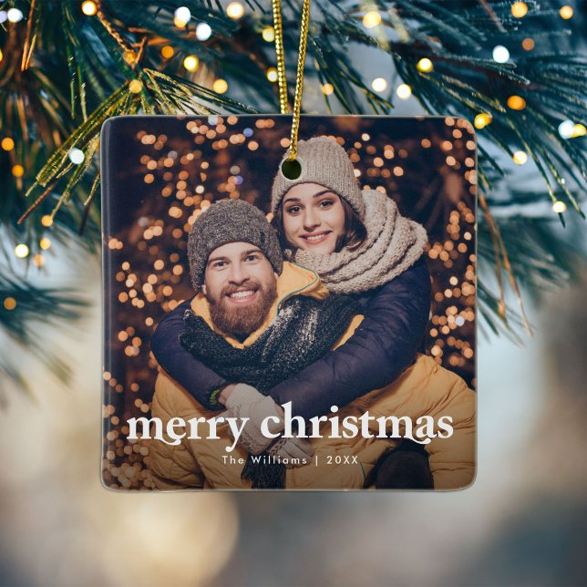 Merry Christmas Modern Couple Photo Ceramic Ornament (Creator Uploaded)