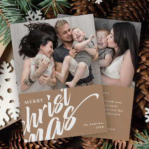 Merry Christmas Modern Custom Message 2-Photo Holiday Card