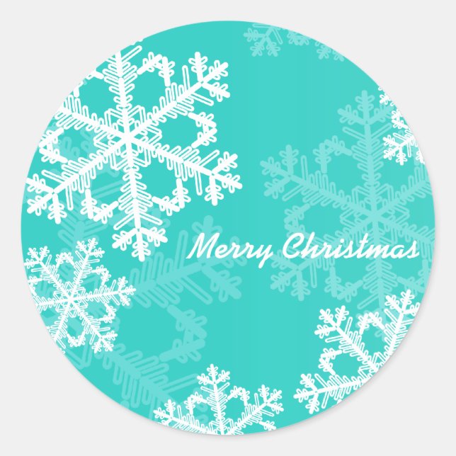 Merry Christmas Modern Cyan Snowflakes Pattern  Classic Round Sticker (Front)