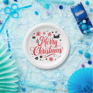 Merry Christmas Modern Design Red & White Paper Plate
