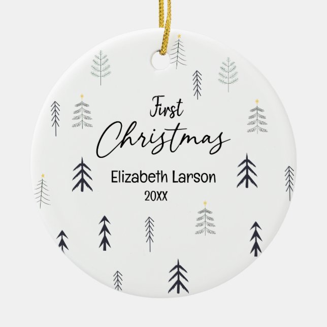 Merry Christmas Modern Elegant First Baby Ceramic Ornament (Front)