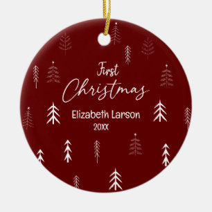 Merry Christmas Modern Elegant Red First Baby Ceramic Ornament