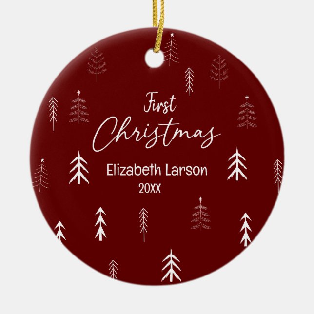 Merry Christmas Modern Elegant Red First Baby Ceramic Ornament (Front)