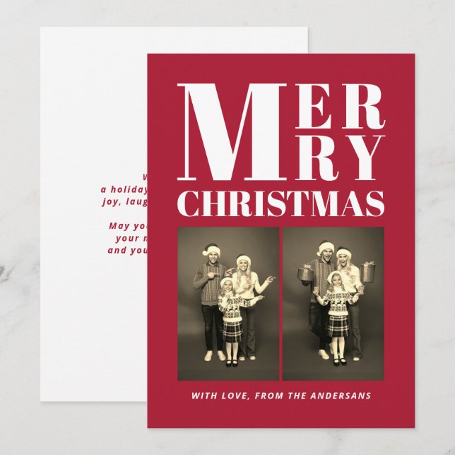 Merry Christmas Modern Family 2 Photo Collage Red Holiday Card (Front/Back)