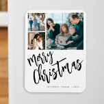 Merry Christmas modern family photo collage Magnet<br><div class="desc">Modern stylish Merry Christmas black and white handwritten calligraphy script 3 family photos simple white holiday keepsake festive magnet with your custom personalized text.</div>