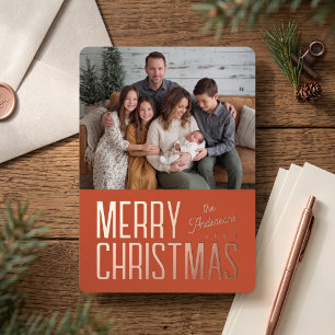 Merry Christmas Modern Family Photo - Orange Foil Holiday Card