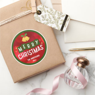 Merry Christmas modern festive red green retro Classic Round Sticker