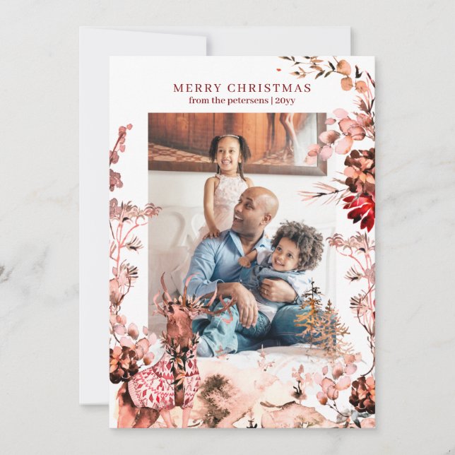 Merry Christmas modern floral and reindeer photo Holiday Card (Front)