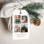 Merry Christmas | Modern Four Photo Collage Gift Tags<br><div class="desc">These simple yet ultra modern holiday gift tags feature four of your favourite personal photos in a unique,  layered look photo grid. The boho terracotta and white design says "merry christmas" in elegant,  trendy handwritten script typography,  and has a spot for your name in a coordinating sans serif font.</div>