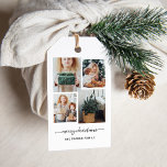 Merry Christmas | Modern Four Photo Collage Gift Tags<br><div class="desc">These simple yet ultra modern holiday gift tags feature four of your favourite personal photos in a unique,  layered look photo grid. The black and white design says "merry christmas" in elegant,  trendy handwritten script typography,  and has a spot for your name in a coordinating sans serif font.</div>