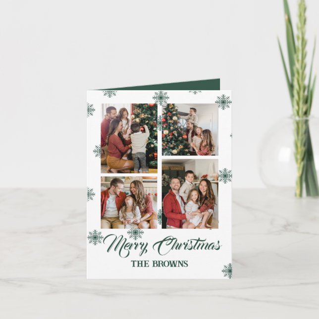 Merry Christmas Modern Four Photo Collage Green Holiday Card (Front)
