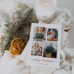 Merry Christmas | Modern Four Photo Collage Holiday Card<br><div class="desc">This simple yet ultra modern holiday card features four of your favourite personal photos in a unique,  layered look photo grid. The terracotta and white card design says "merry christmas" in elegant,  trendy handwritten script typography,  and has a spot for your name in a coordinating sans serif font.</div>