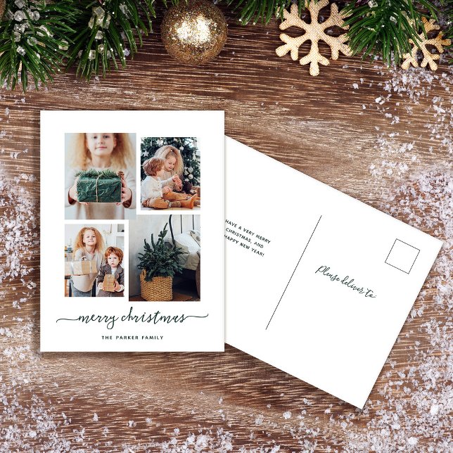 Merry Christmas | Modern Four Photo Collage Holiday Postcard (A simple and stylish holiday postcard with a four photo collage and trendy script)