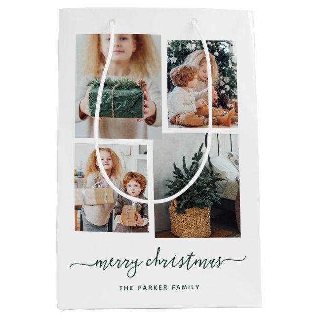 Merry Christmas | Modern Four Photo Collage Medium Gift Bag (Front)