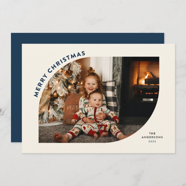 Merry Christmas Modern Frame Blue Letters Holiday Card (Front/Back)