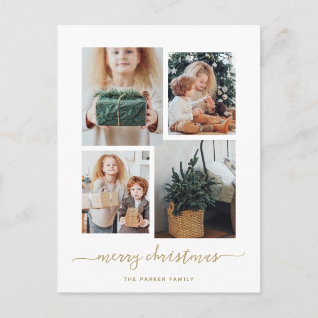 Merry Christmas | Modern Gold Four Photo Collage Holiday Postcard (Front)