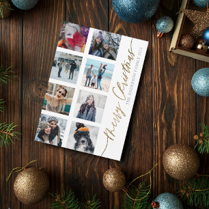 Merry Christmas Modern Gold Script 8 Photo Collage Holiday Card