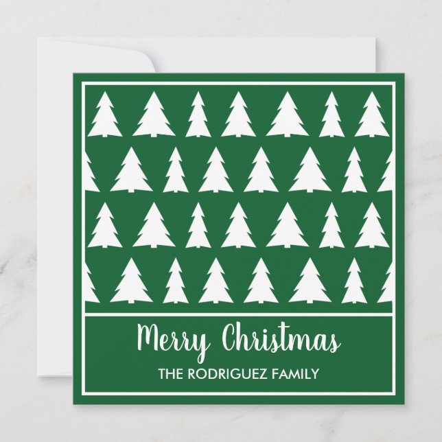 Merry Christmas Modern Green White Tree Pattern Holiday Card (Front)