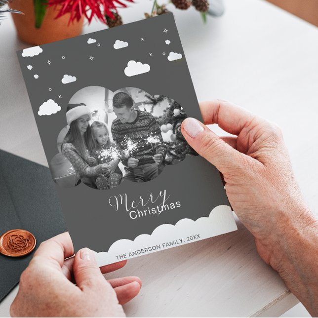 Merry Christmas Modern Grey, Cloud Photo Holliday  Invitation (Creator Uploaded)