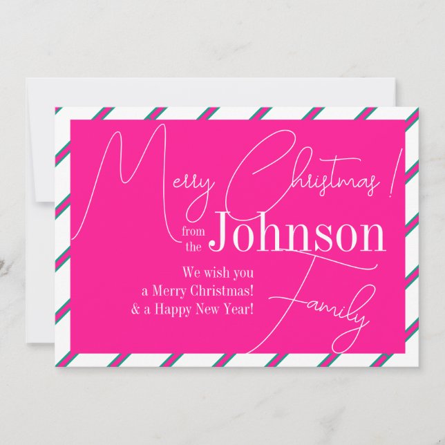 Merry Christmas Modern Hot Pink and Green Holiday Card (Front)