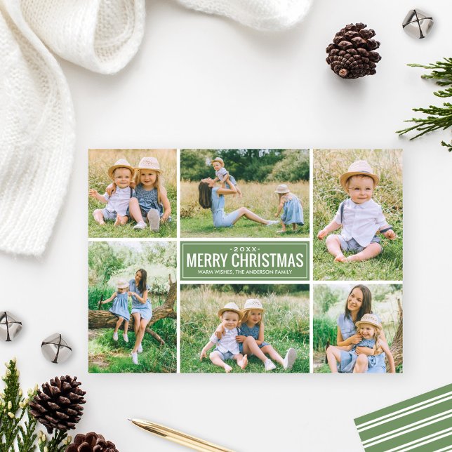 Merry Christmas Modern Jade Green Photo Collage Holiday Card (Creator Uploaded)