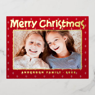 Merry Christmas Modern Leaf Pattern Family Photo Foil Holiday Postcard