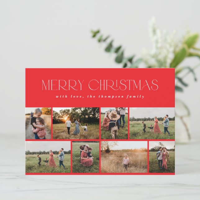 Merry Christmas Modern Minimal Red Eight Photo Holiday Card (Standing Front)