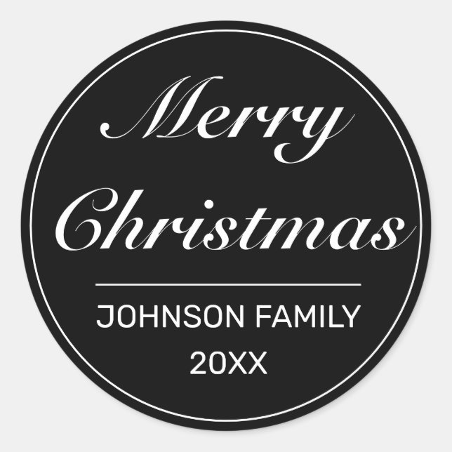 Merry Christmas Modern Minimalist Black White Classic Round Sticker (Front)