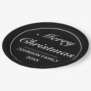 Merry Christmas Modern Minimalist Black White Paper Plate