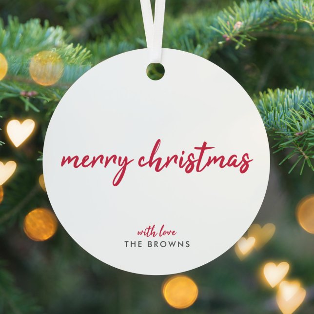 Merry Christmas | Modern Minimalist Red Typography Metal Ornament (Creator Uploaded)