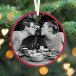 Merry Christmas | Modern Minimalist Stylish Photo Metal Ornament<br><div class="desc">Simple, stylish "Merry Christmas" holiday photo ornament in deep red modern minimalist typography and complementary "with love" in matching style. Your name and photo can easily be personalised for a unique gift with a personal touch! The card shows an example image of a cute couple sitting at a wooden dinner...</div>