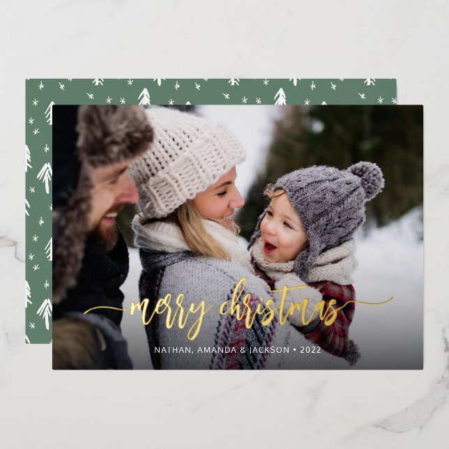 Merry Christmas Modern One Photo Foil Holiday Card (Front/Back)