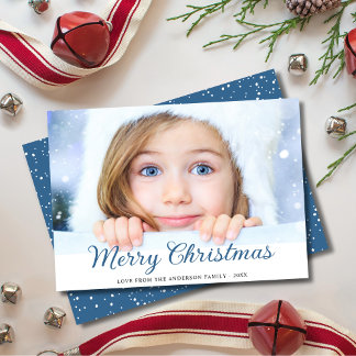 Merry Christmas Modern Photo Blue Holiday Card