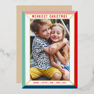MERRY CHRISTMAS modern photo bold colour border Foil Holiday Card