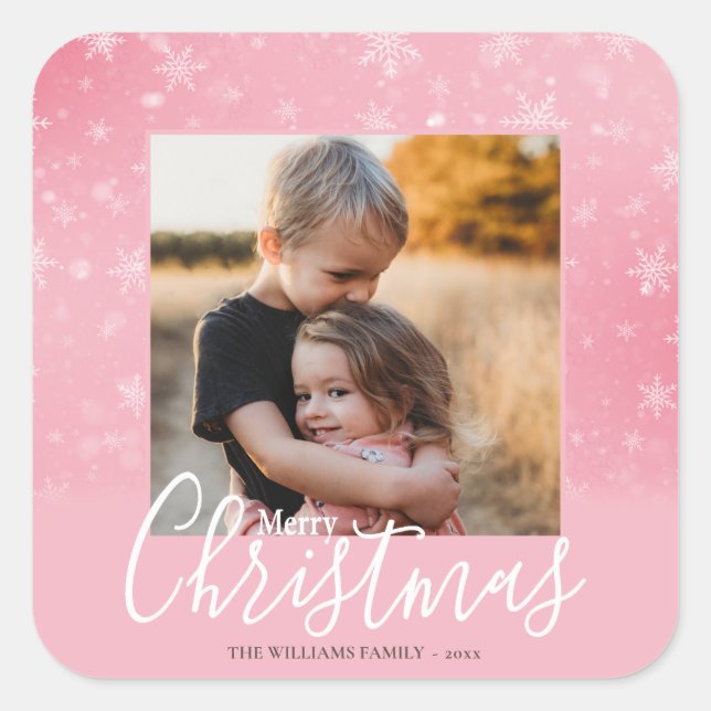 Merry Christmas Modern Photo Snowy Winter Pink Square Sticker (Front)