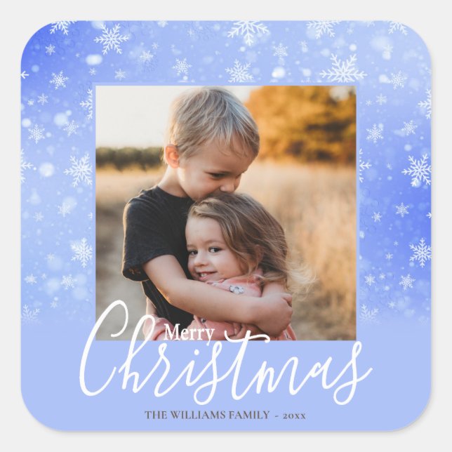Merry Christmas Modern Photo Snowy Winter Purple Square Sticker (Front)
