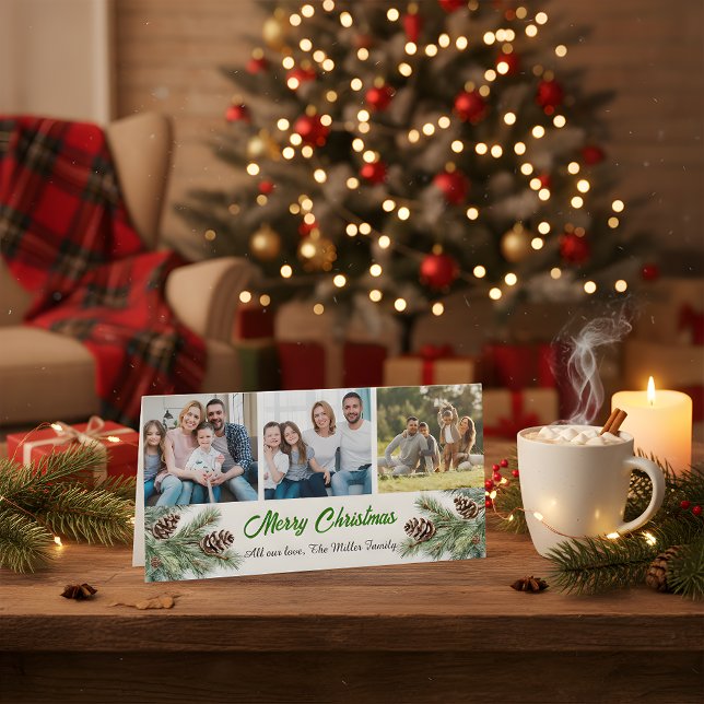 Merry Christmas Modern Pineneedle 3 Photo Collage  Holiday Card (Creator Uploaded)