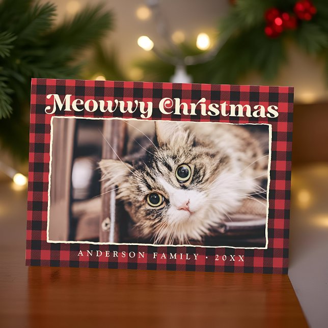 Merry Christmas Modern Plaid Funny Pet Cat Photo Holiday Card (Creator Uploaded)