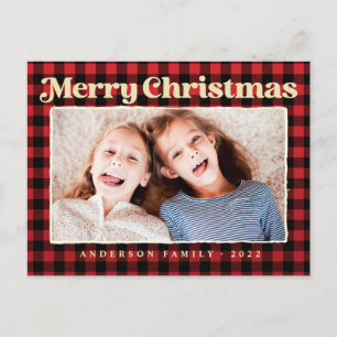 Merry Christmas Modern Plaid Pattern Family Photo Holiday Postcard