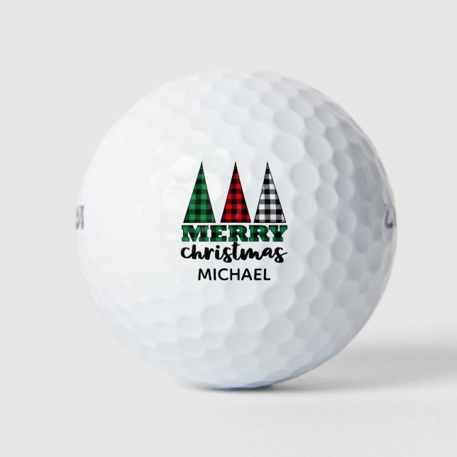 Merry Christmas Modern Plaid Trees Personalized Golf Balls (Front)