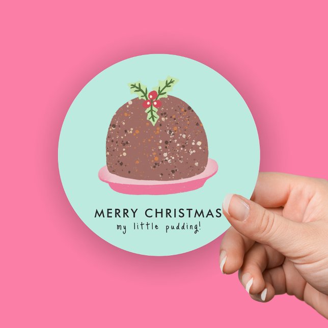 Merry Christmas Modern Pudding Illustration Classic Round Sticker (Cute 'My Little Pudding' Christmas card sticker)